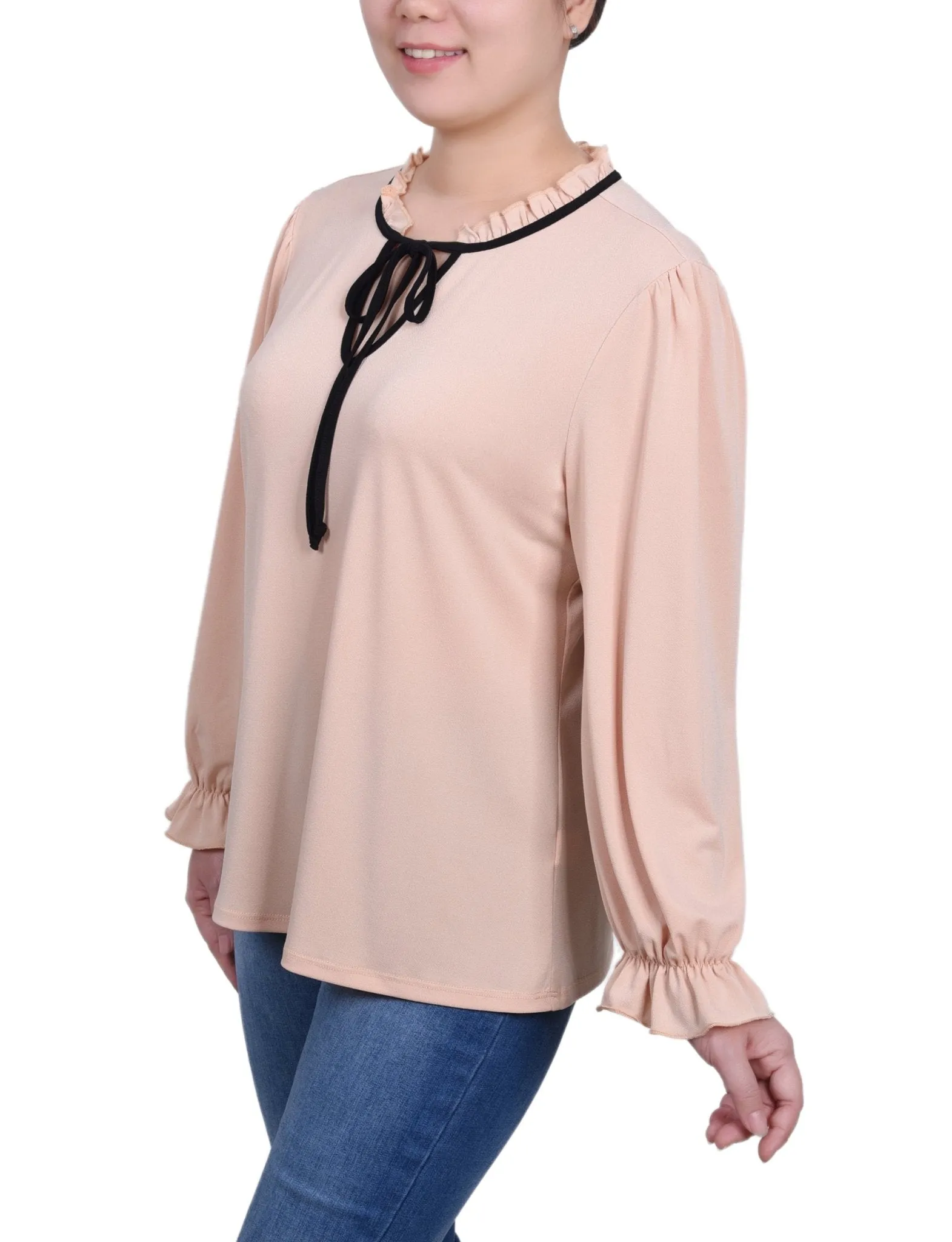 Long Sleeve Tie Neck Top - Petite