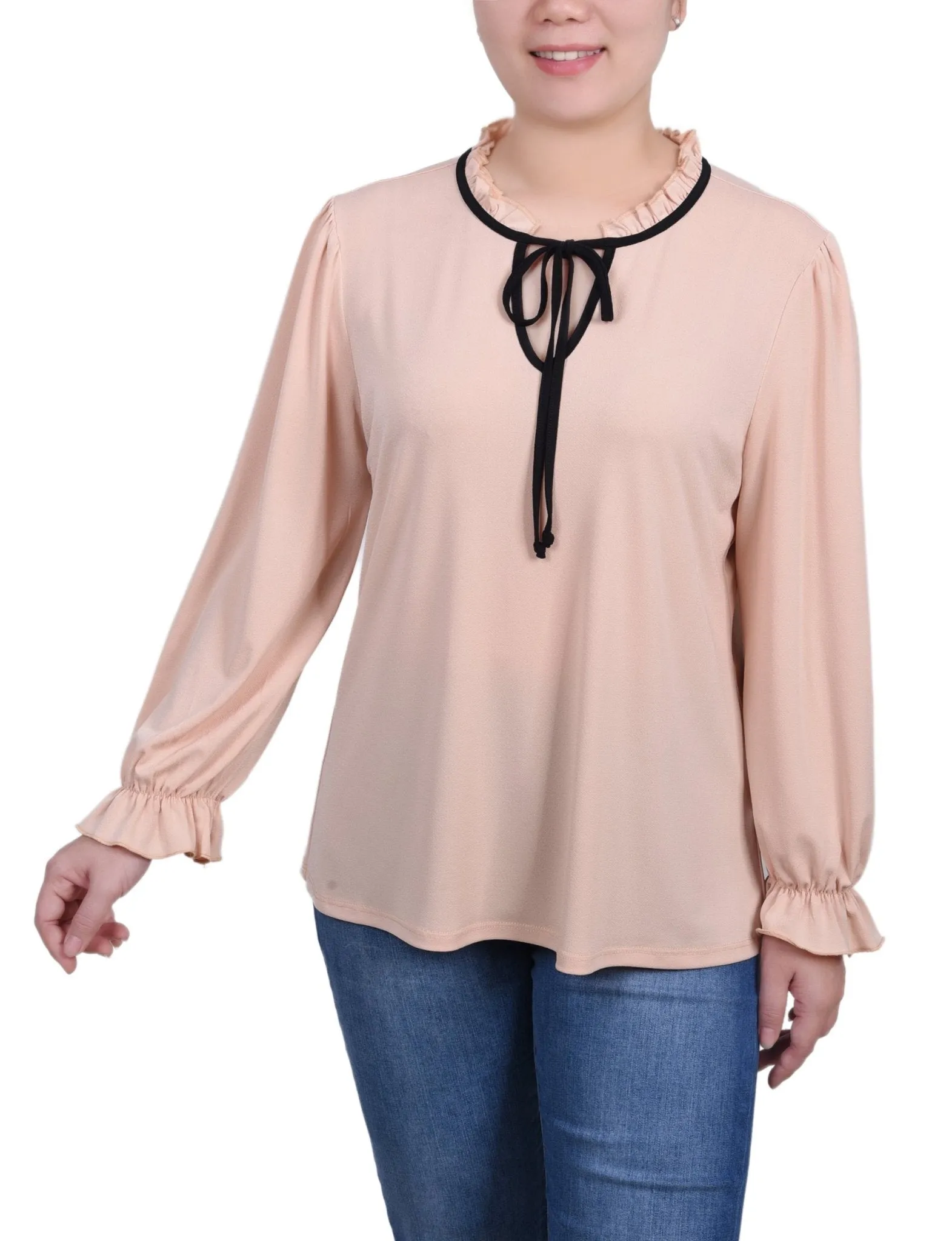 Long Sleeve Tie Neck Top - Petite