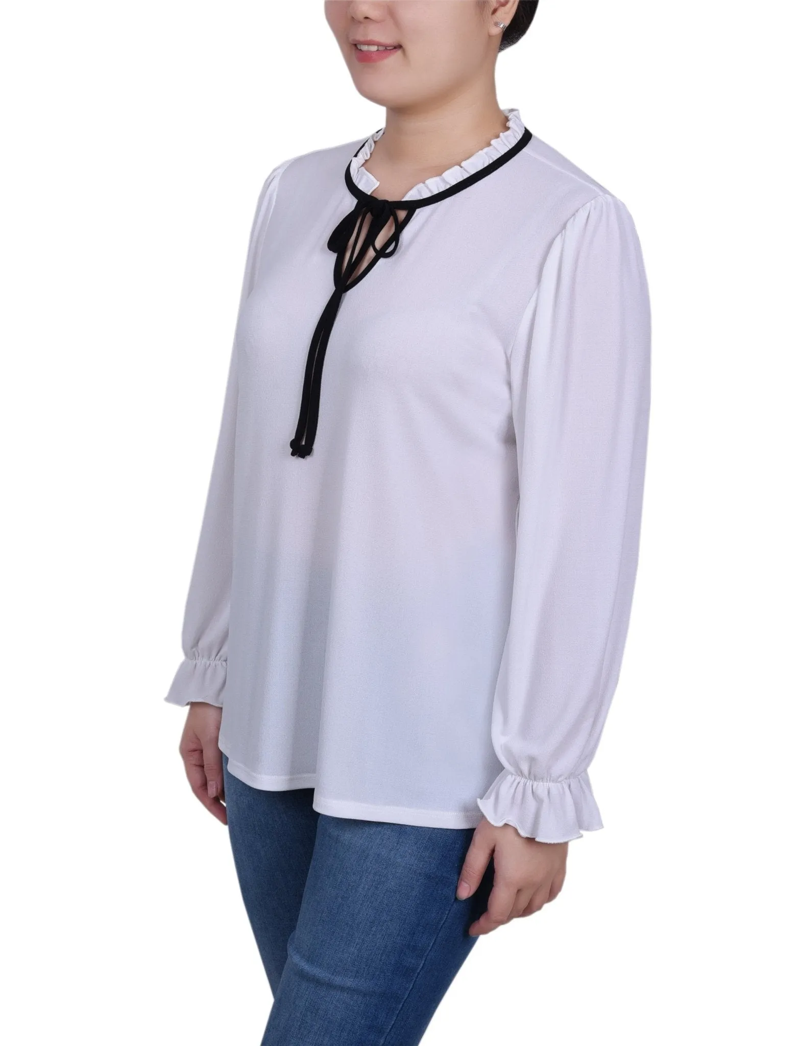 Long Sleeve Tie Neck Top - Petite