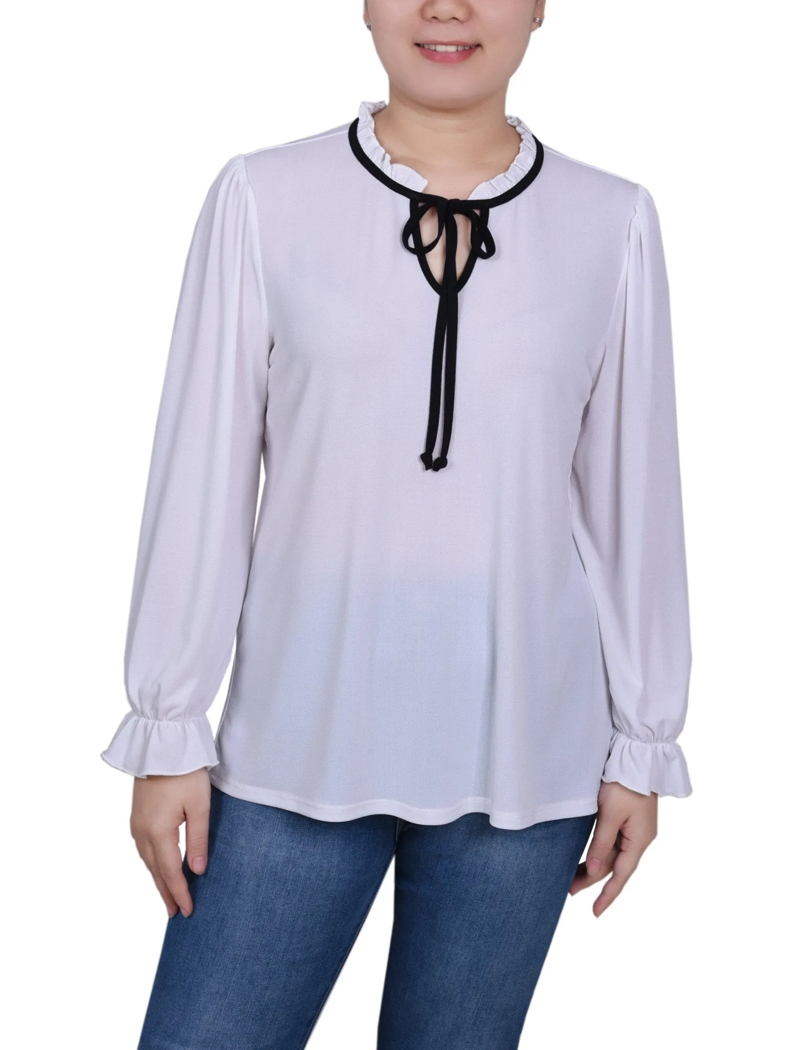 Long Sleeve Tie Neck Top - Petite