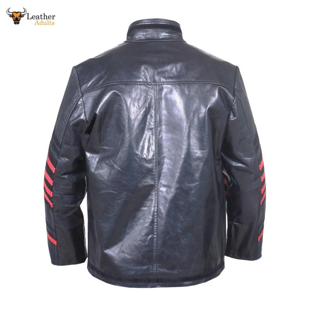 Men's REAL Cowhide LEATHER Black and Red Steampunk Jacket Military Tunic Jackets