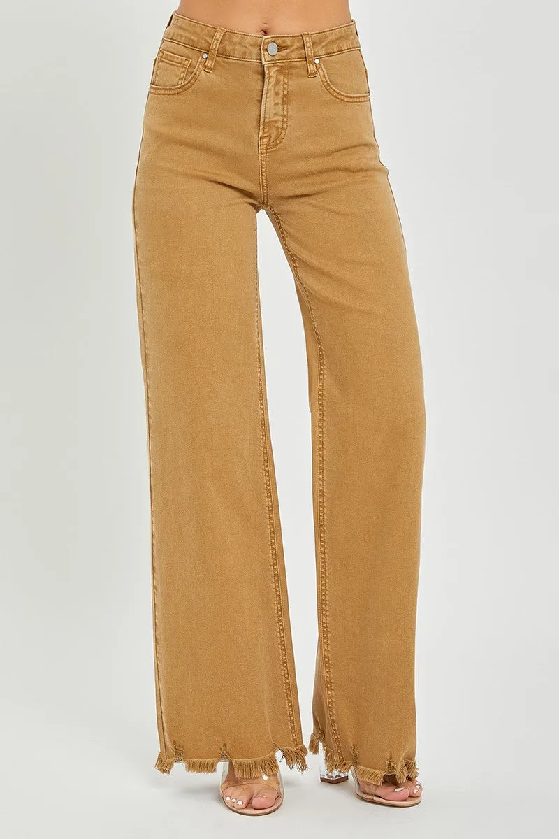 Mocha High-Rise Wide Leg Frayed Hem Jeans