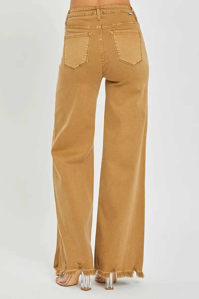 Mocha High-Rise Wide Leg Frayed Hem Jeans