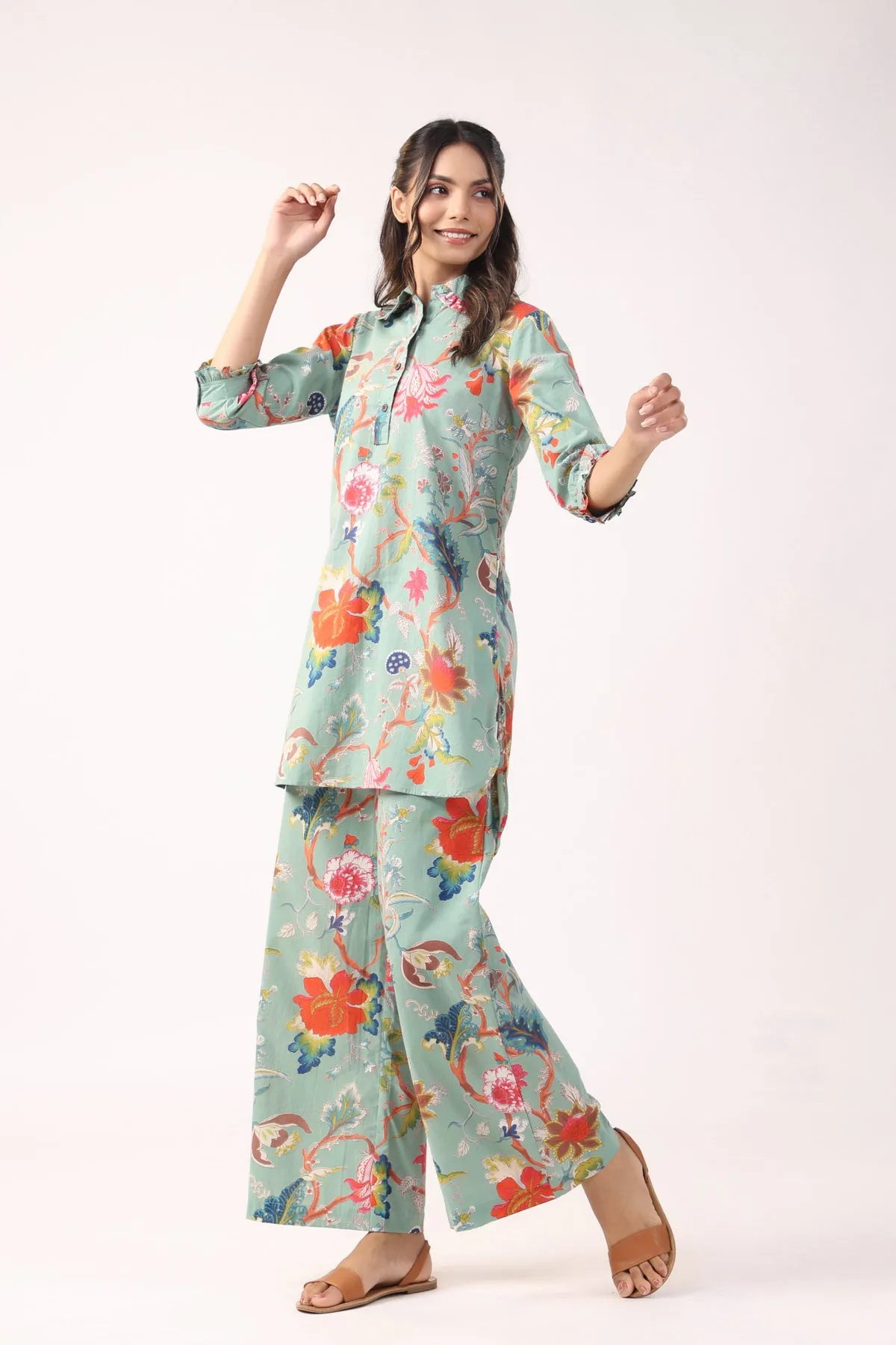 Modern Botanical Cotton Palazzo Loungewear Set