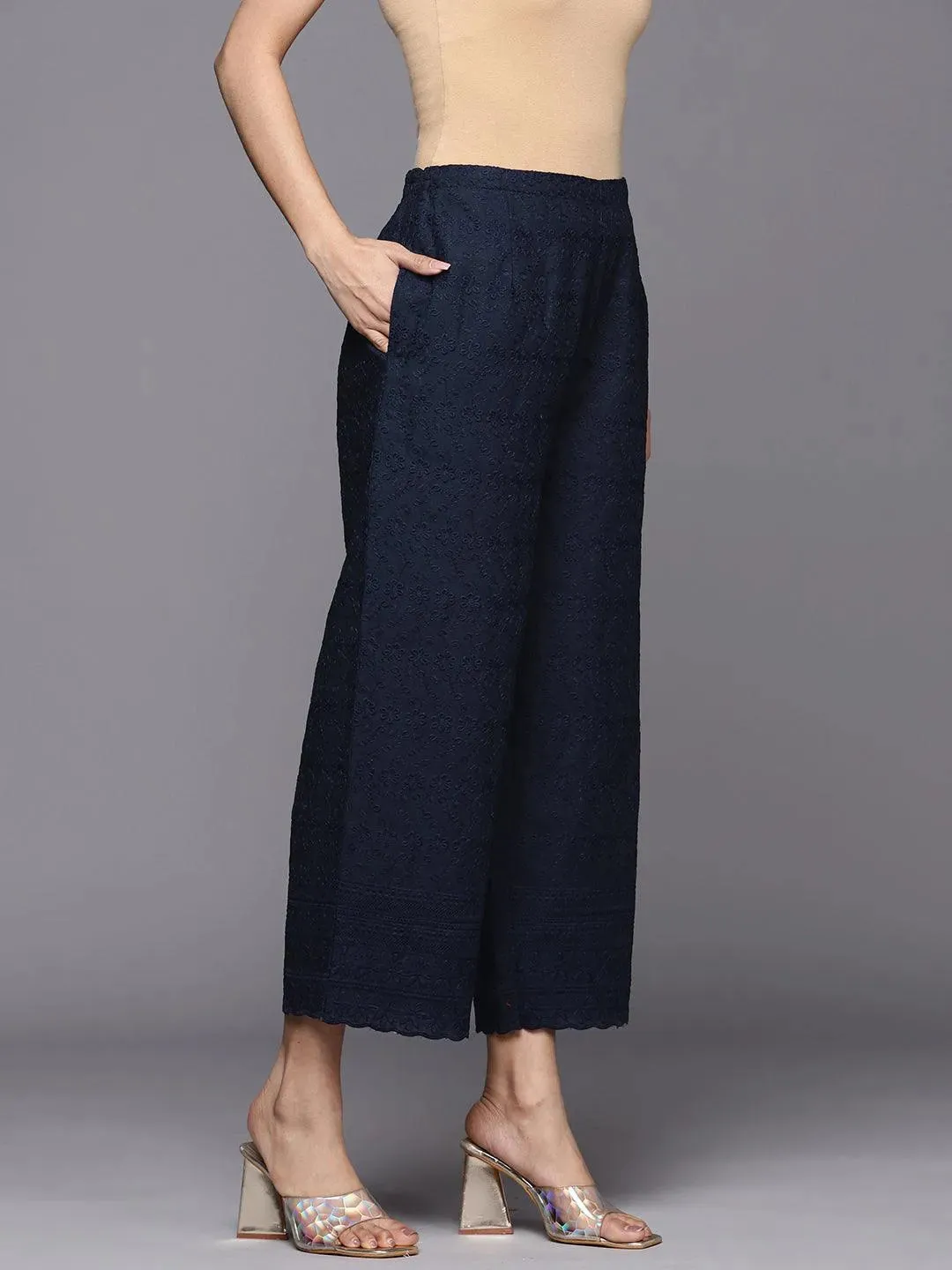 Navy Blue Embroidered Cotton Palazzos