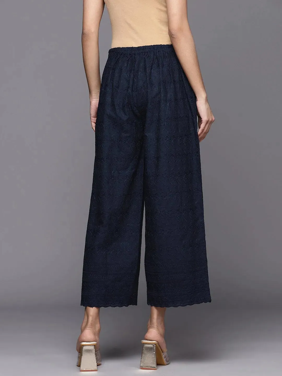 Navy Blue Embroidered Cotton Palazzos