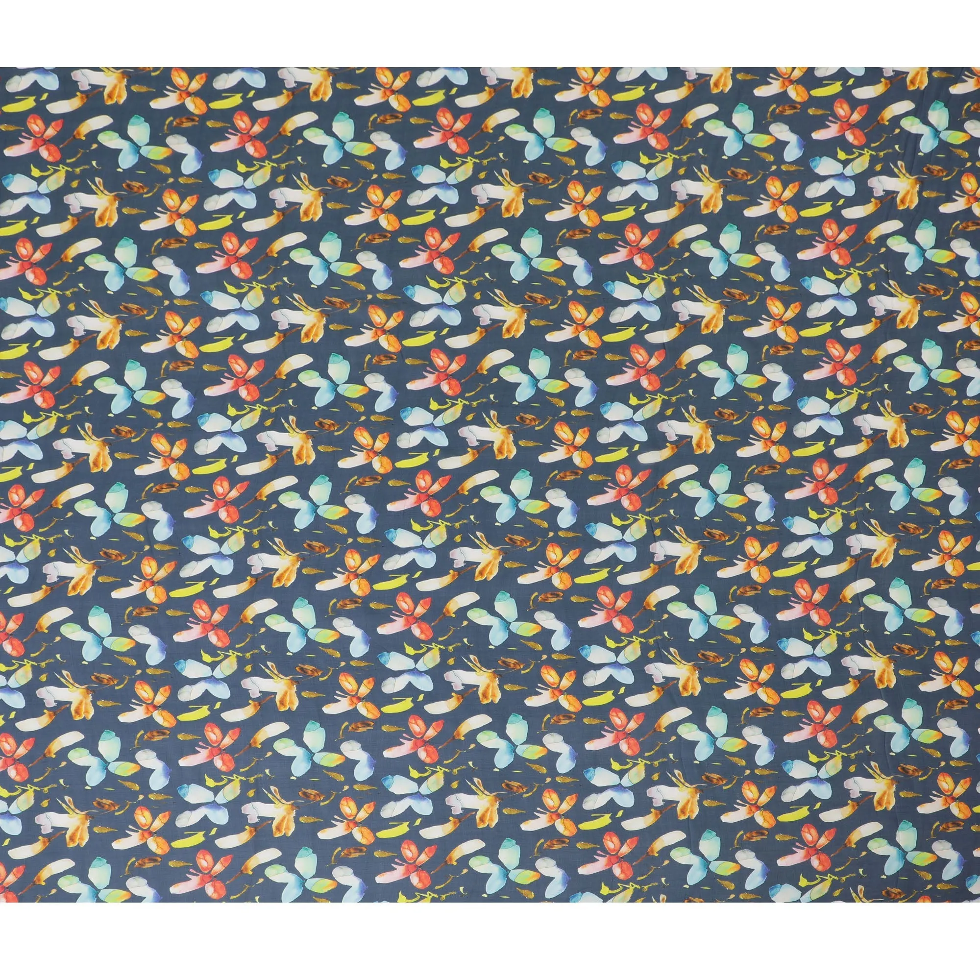 Navy Blue Synthetic Chiffon Fabric with Colorful Abstract Floral Print, 140 cm Wide-D19122