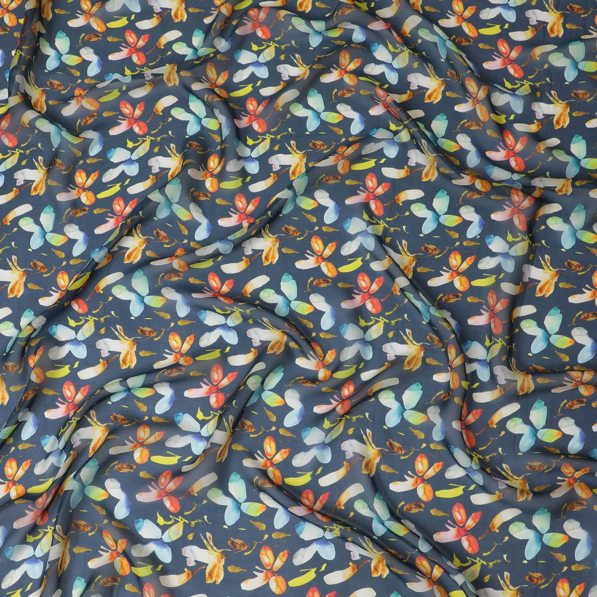 Navy Blue Synthetic Chiffon Fabric with Colorful Abstract Floral Print, 140 cm Wide-D19122