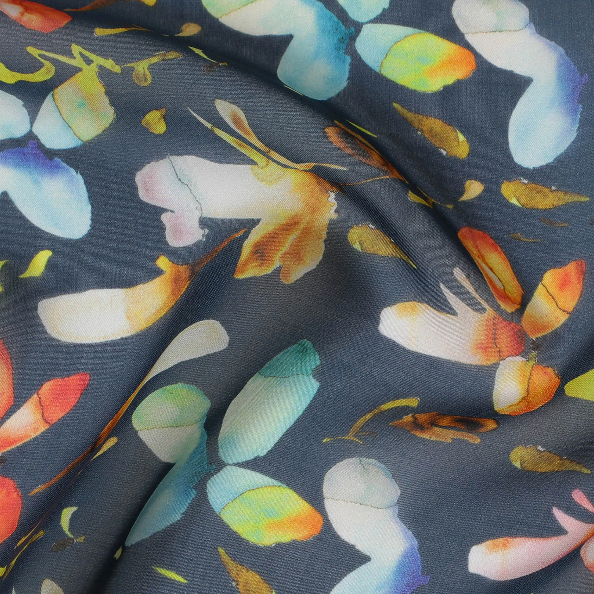 Navy Blue Synthetic Chiffon Fabric with Colorful Abstract Floral Print, 140 cm Wide-D19122