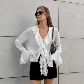 Office Elegant White Chiffon Ruffled Bell Sleeve V neck Lace up All Matching Shirt Autumn Shirt for Women