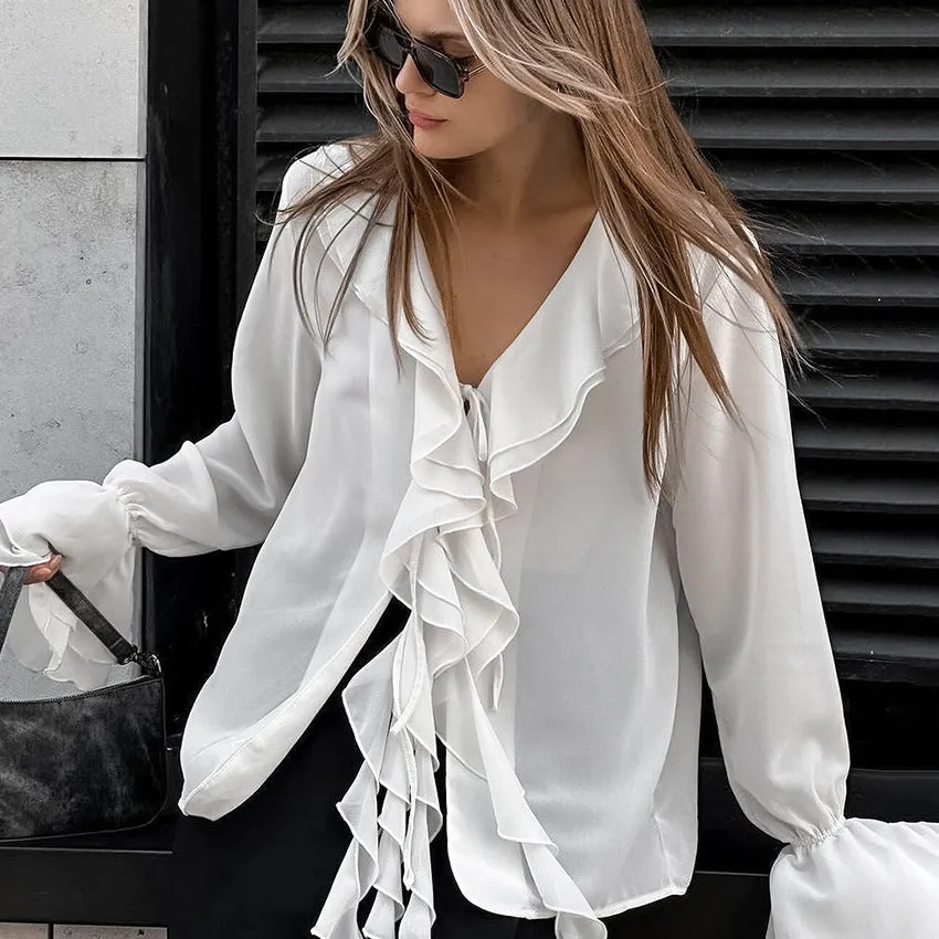 Office Elegant White Chiffon Ruffled Bell Sleeve V neck Lace up All Matching Shirt Autumn Shirt for Women