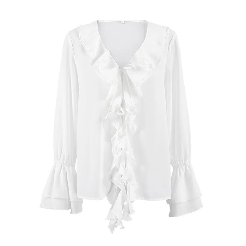 Office Elegant White Chiffon Ruffled Bell Sleeve V neck Lace up All Matching Shirt Autumn Shirt for Women