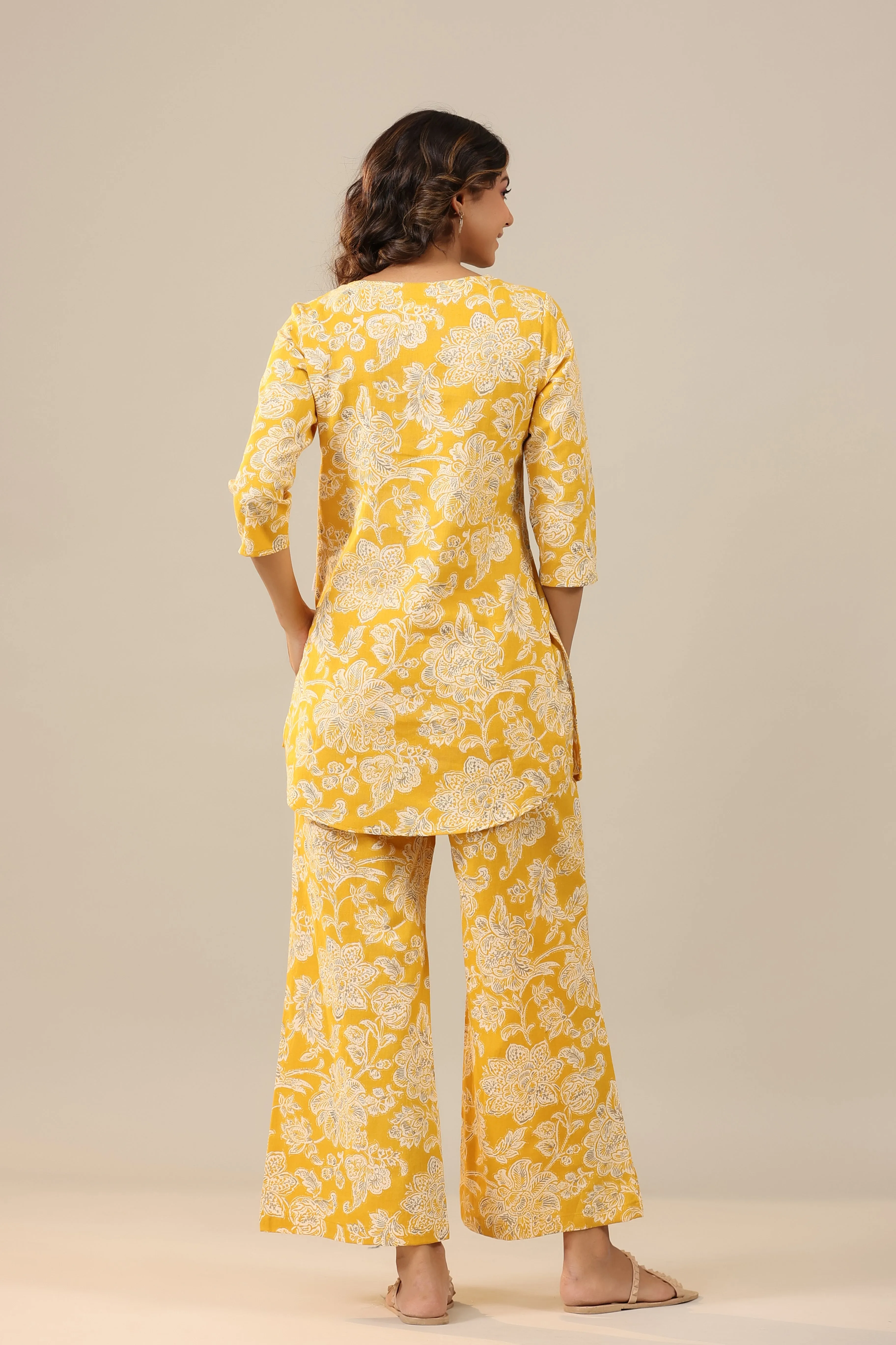 Peony Yellow Cotton Flex Palazzo Loungewear Set