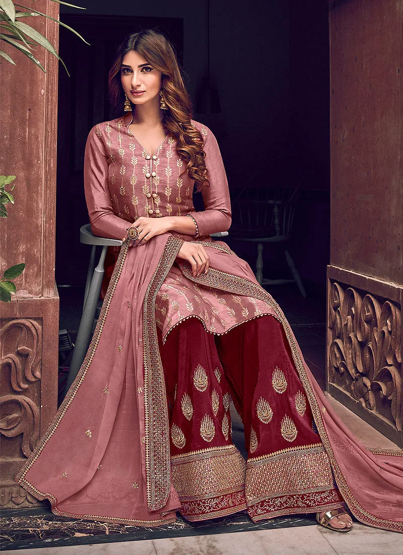 Pink And Maroon Designer Palazzo Suit