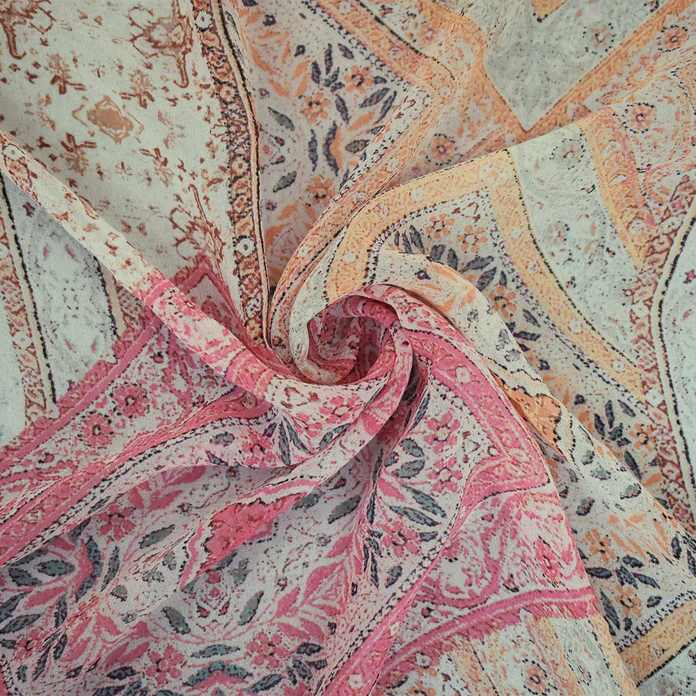 Pink-Orange-Multi Floral Bandana Printed Poly Chiffon Woven Fabric