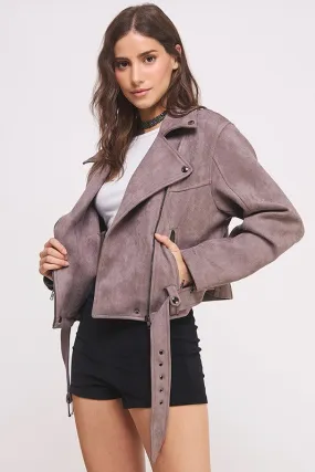 PLUS BELTED LONG SLEEVE ZIPPERED SUEDE MOTO JACKET