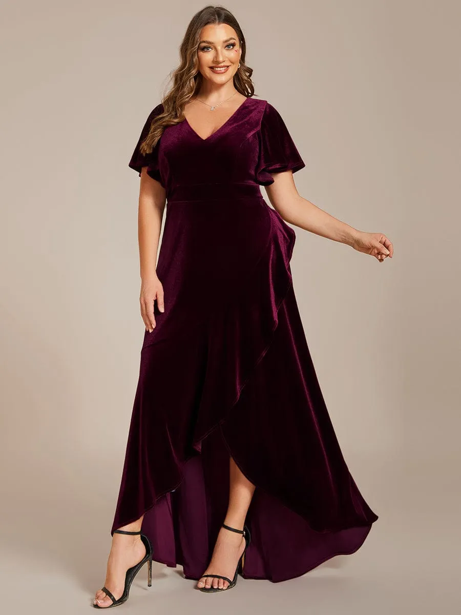 Plus Size Lotus Leaf Hem A-Line V-Neck Ruffles Sleeve Velvet Evening Dress