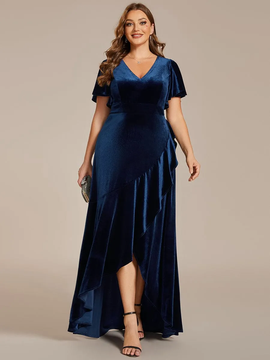 Plus Size Lotus Leaf Hem A-Line V-Neck Ruffles Sleeve Velvet Evening Dress