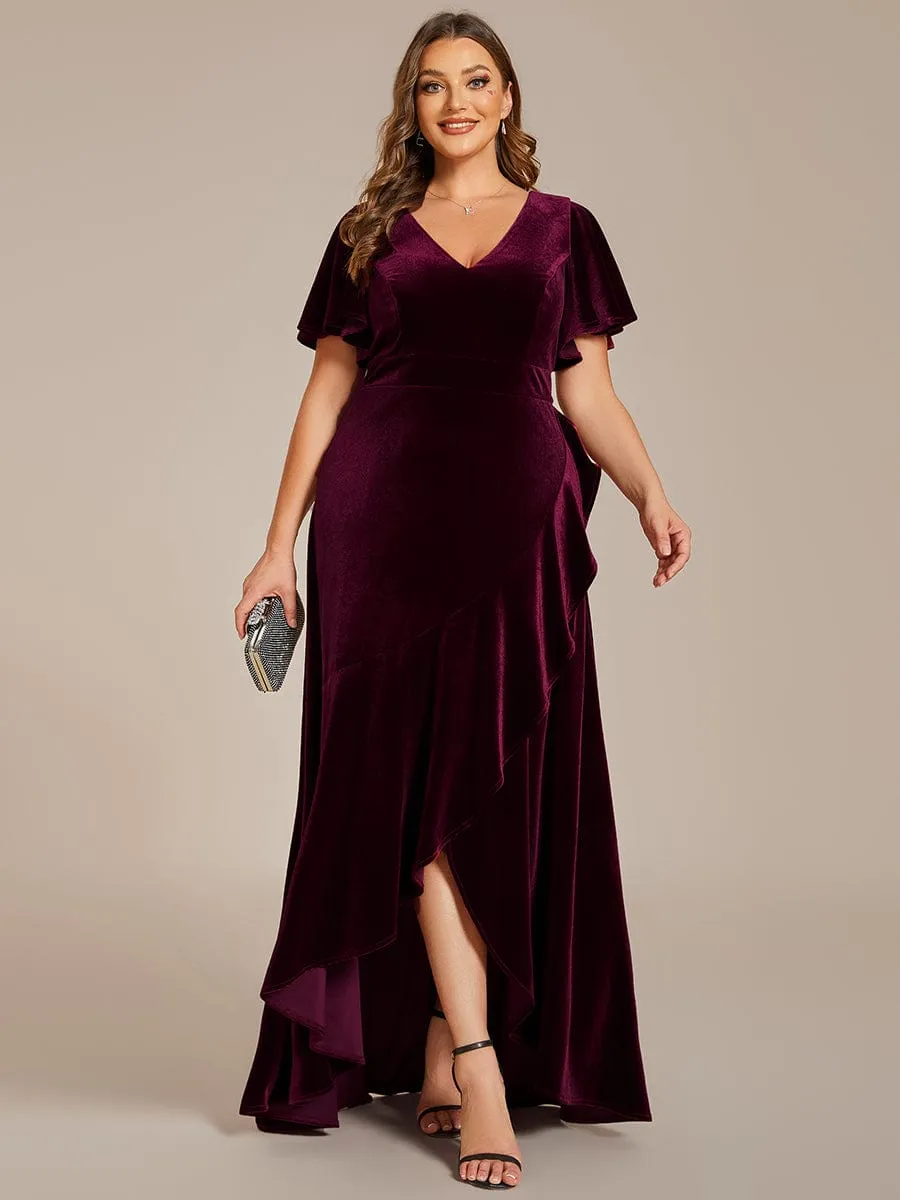 Plus Size Lotus Leaf Hem A-Line V-Neck Ruffles Sleeve Velvet Evening Dress