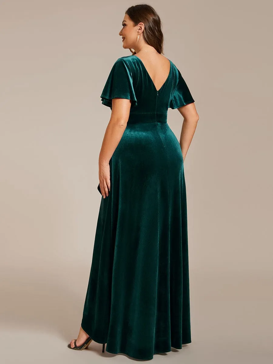 Plus Size Lotus Leaf Hem A-Line V-Neck Ruffles Sleeve Velvet Evening Dress