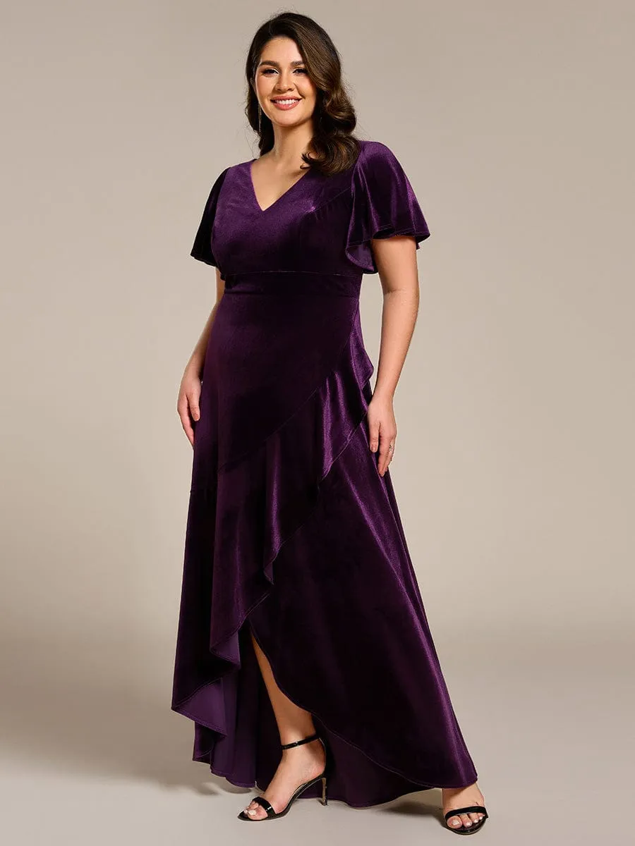 Plus Size Lotus Leaf Hem A-Line V-Neck Ruffles Sleeve Velvet Evening Dress