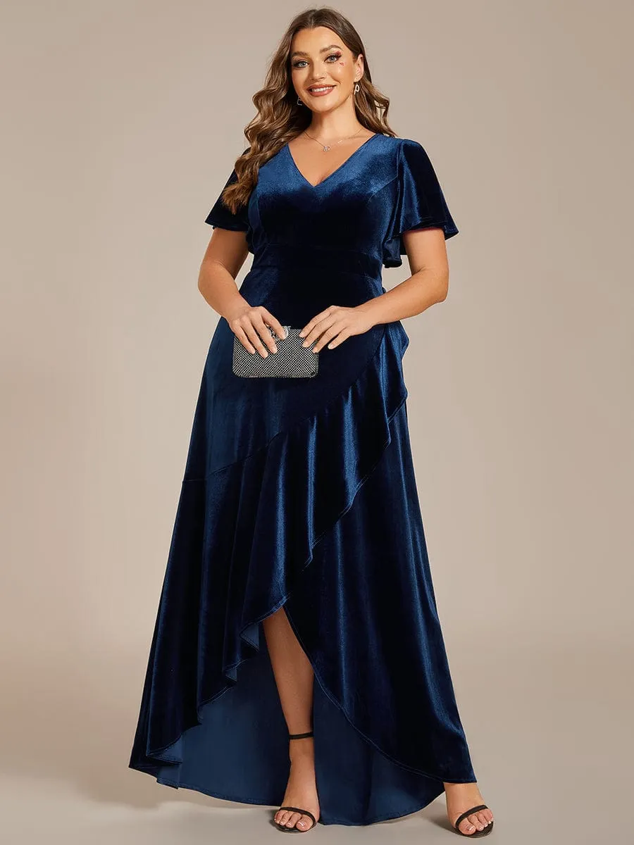 Plus Size Lotus Leaf Hem A-Line V-Neck Ruffles Sleeve Velvet Evening Dress