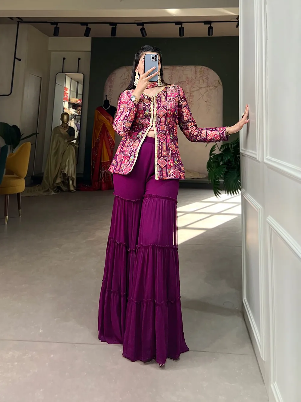 Purple Viscose Jacquard Kurta Palazzo Set with Weaving Work and Printed Detailing