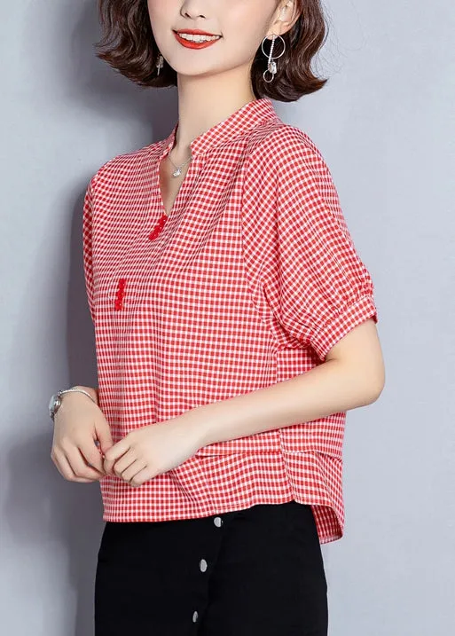 Red Plaid Chiffon Blouses Oversized Wrinkled Short sleeve LY0471