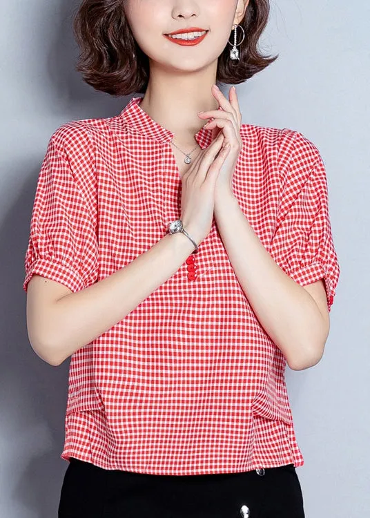 Red Plaid Chiffon Blouses Oversized Wrinkled Short sleeve LY0471