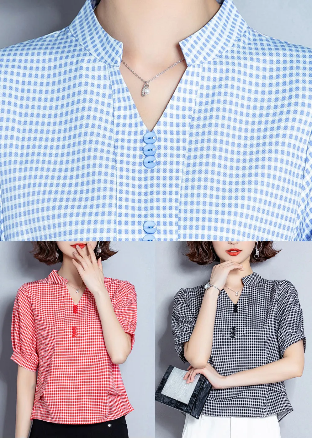 Red Plaid Chiffon Blouses Oversized Wrinkled Short sleeve LY0471