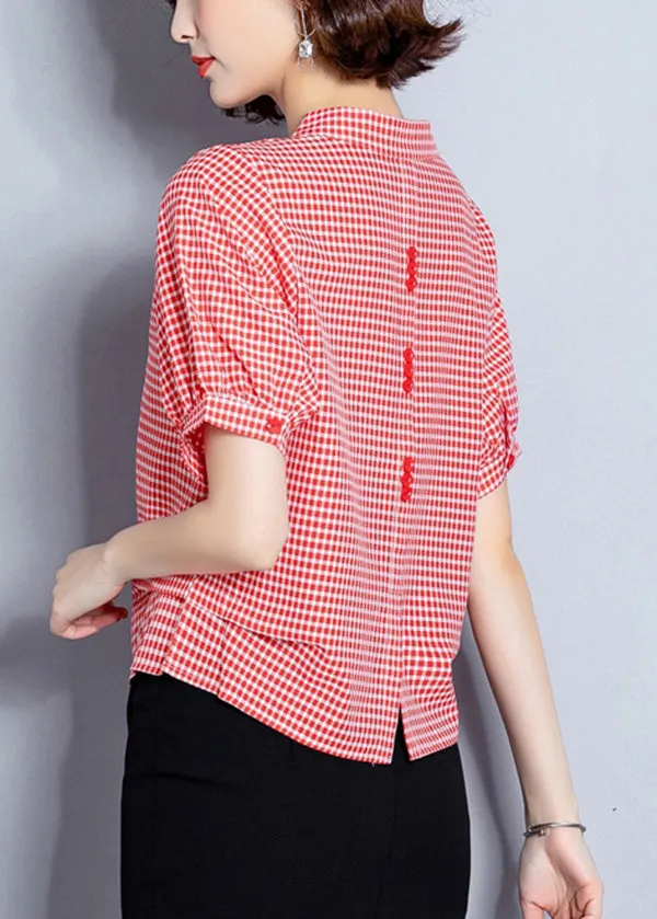 Red Plaid Chiffon Blouses Oversized Wrinkled Short sleeve LY0471