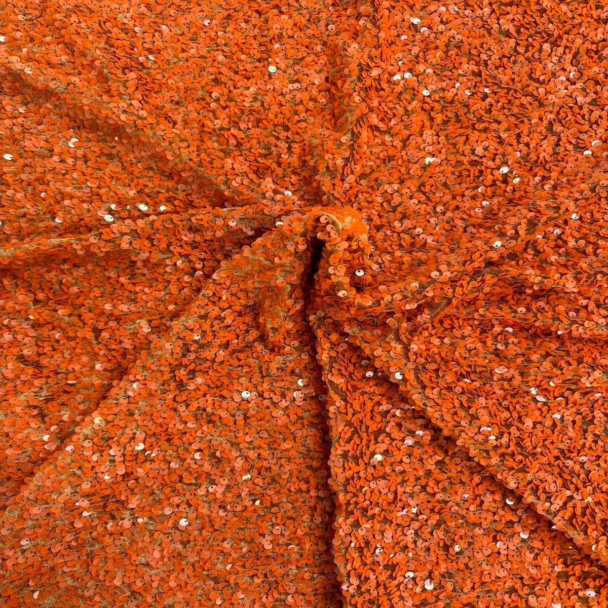 Rust Orange Sequins Embroidered Stretch Velvet Rodeo Fabric