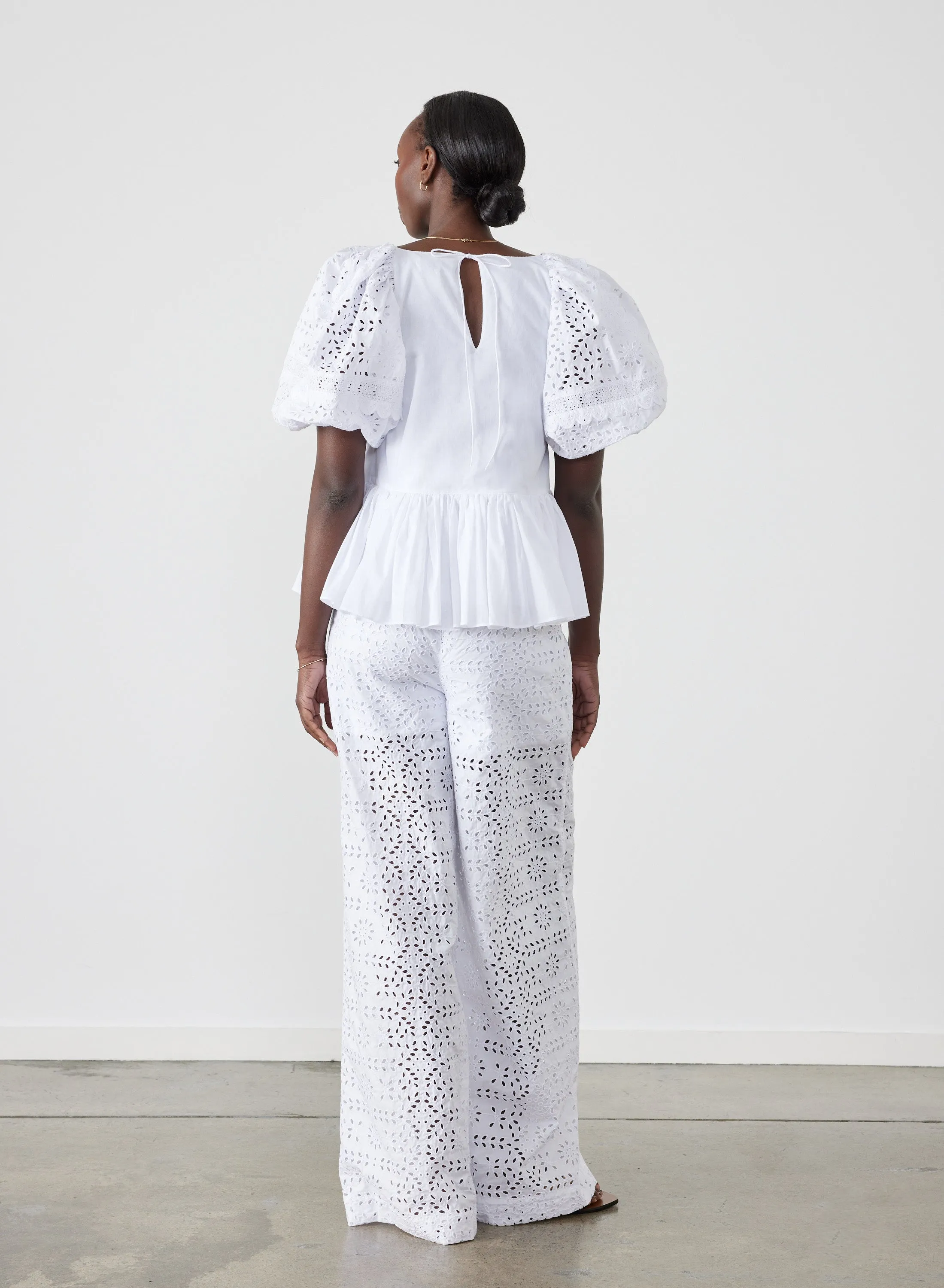 Sophia Organic Cotton Broderie Palazzo Pant | Optical White