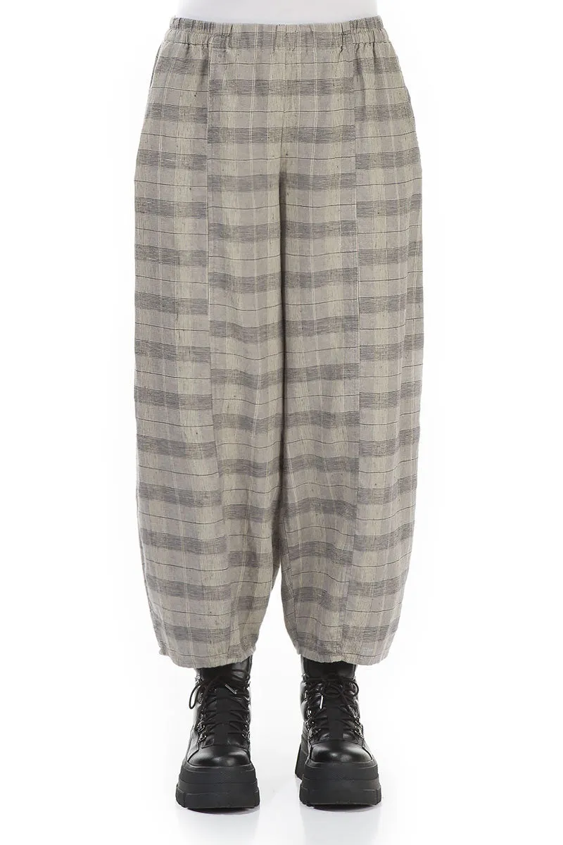 Taper Greige Check Linen Trousers