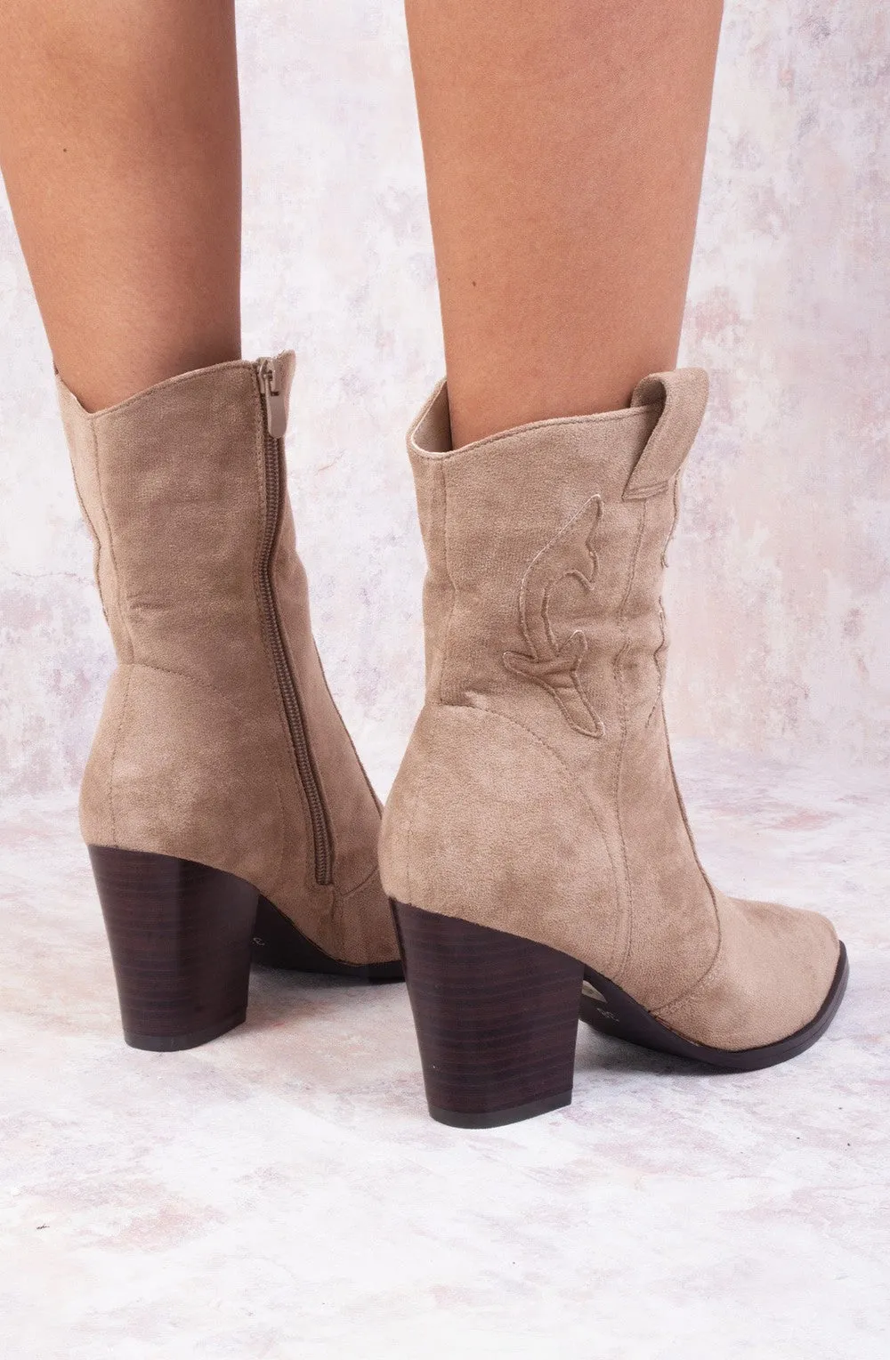 Taupe Classic Faux Suede Cowboy Heeled Boot