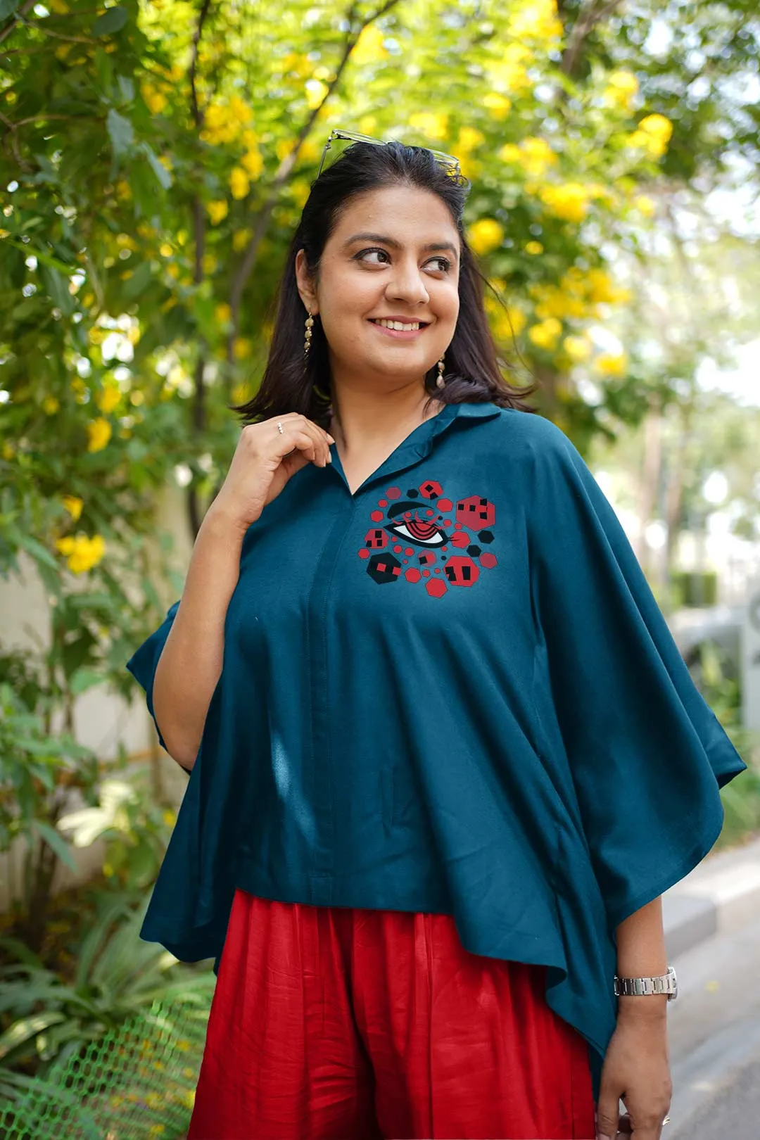 Teal Rayon KaftanTop & Red Palazzo - Insight