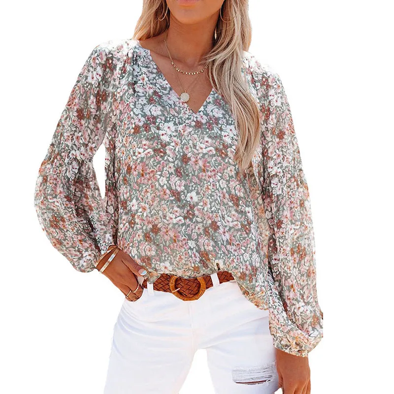 V-neck lantern sleeve floral chiffon shirt