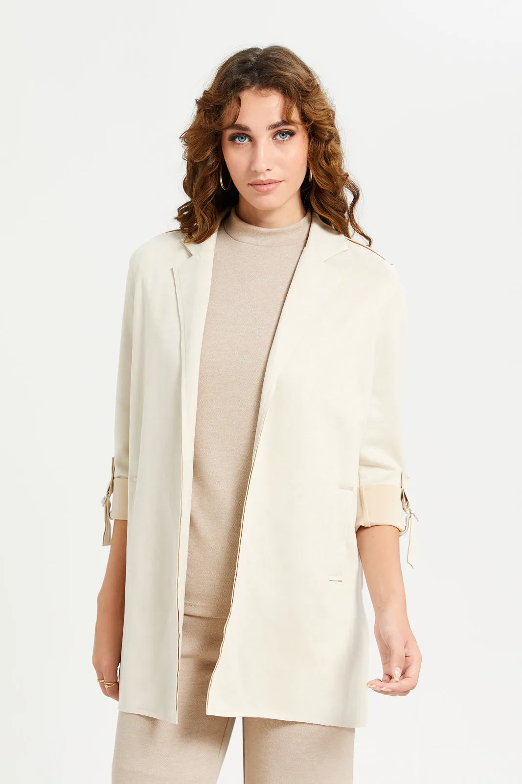 Women Ecru Suede Shacket With Roll-Up Sleeves