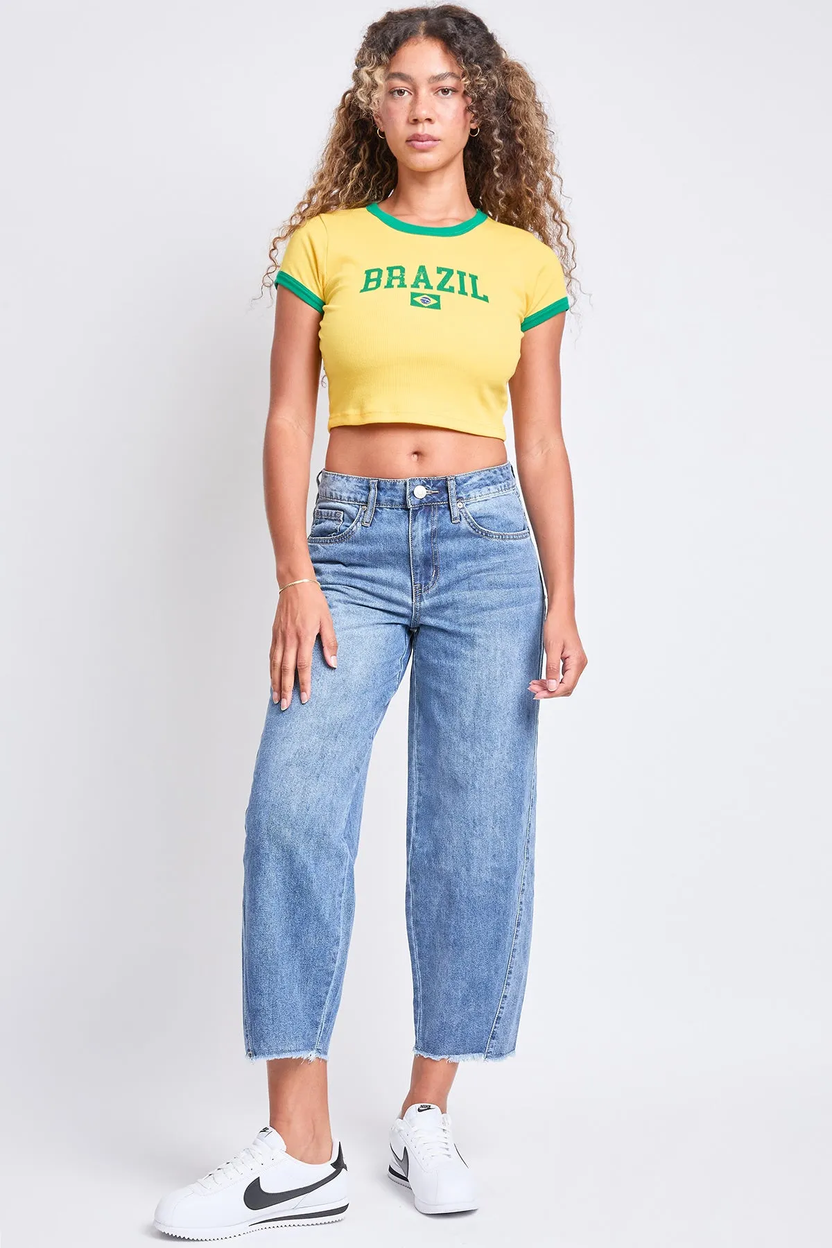 Women's Baggy Cropped Frayed Barrel Jeans