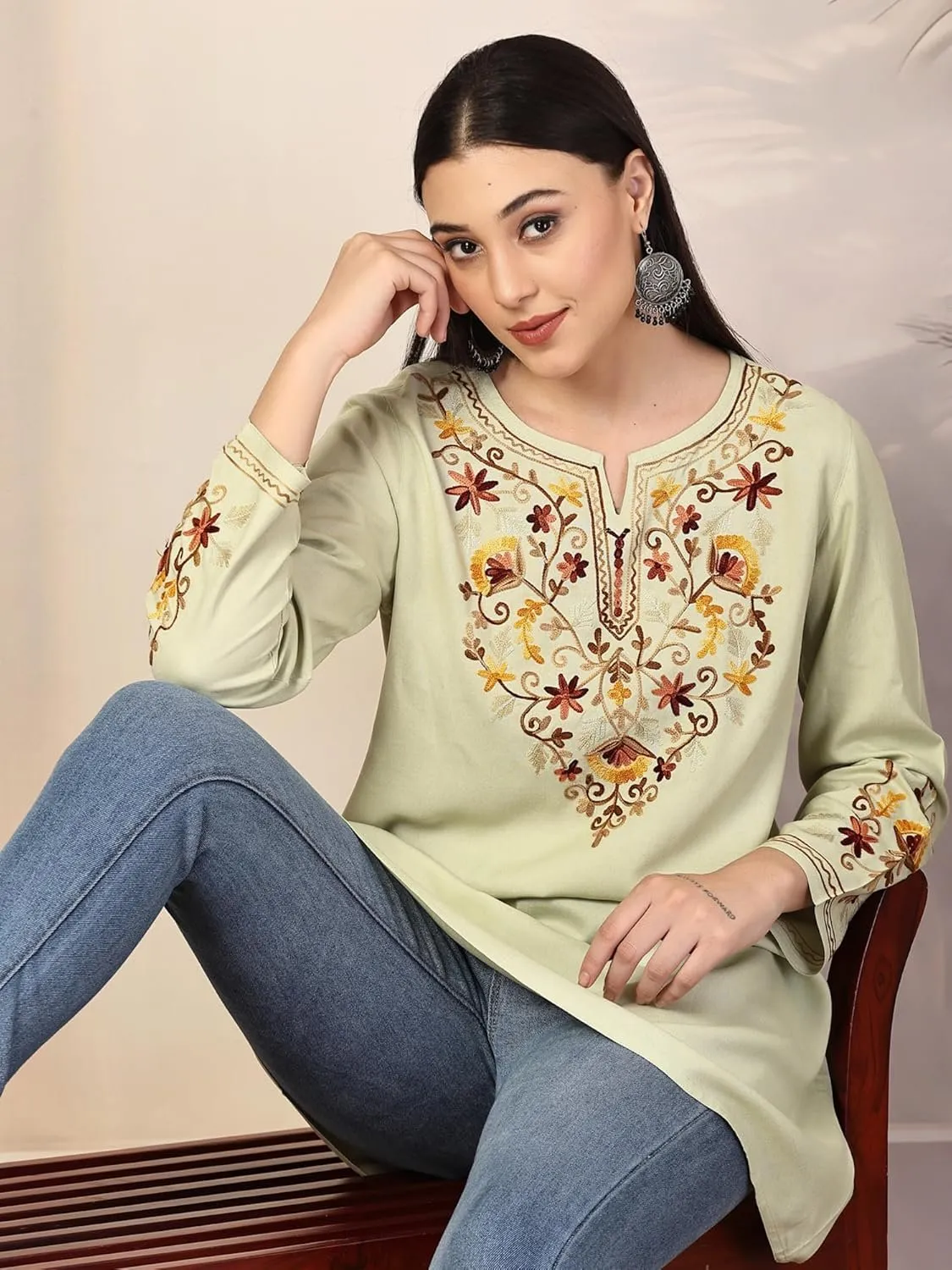 Women's Kashmiri A-Line Rayon Cotton Kurti with Aari Work – Full Sleeves, Pastel Green