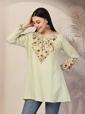 Women's Kashmiri A-Line Rayon Cotton Kurti with Aari Work – Full Sleeves, Pastel Green