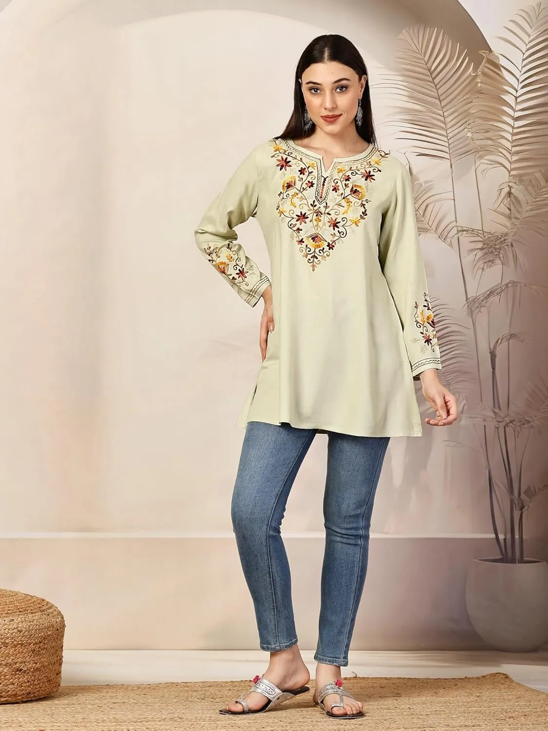 Women's Kashmiri A-Line Rayon Cotton Kurti with Aari Work – Full Sleeves, Pastel Green