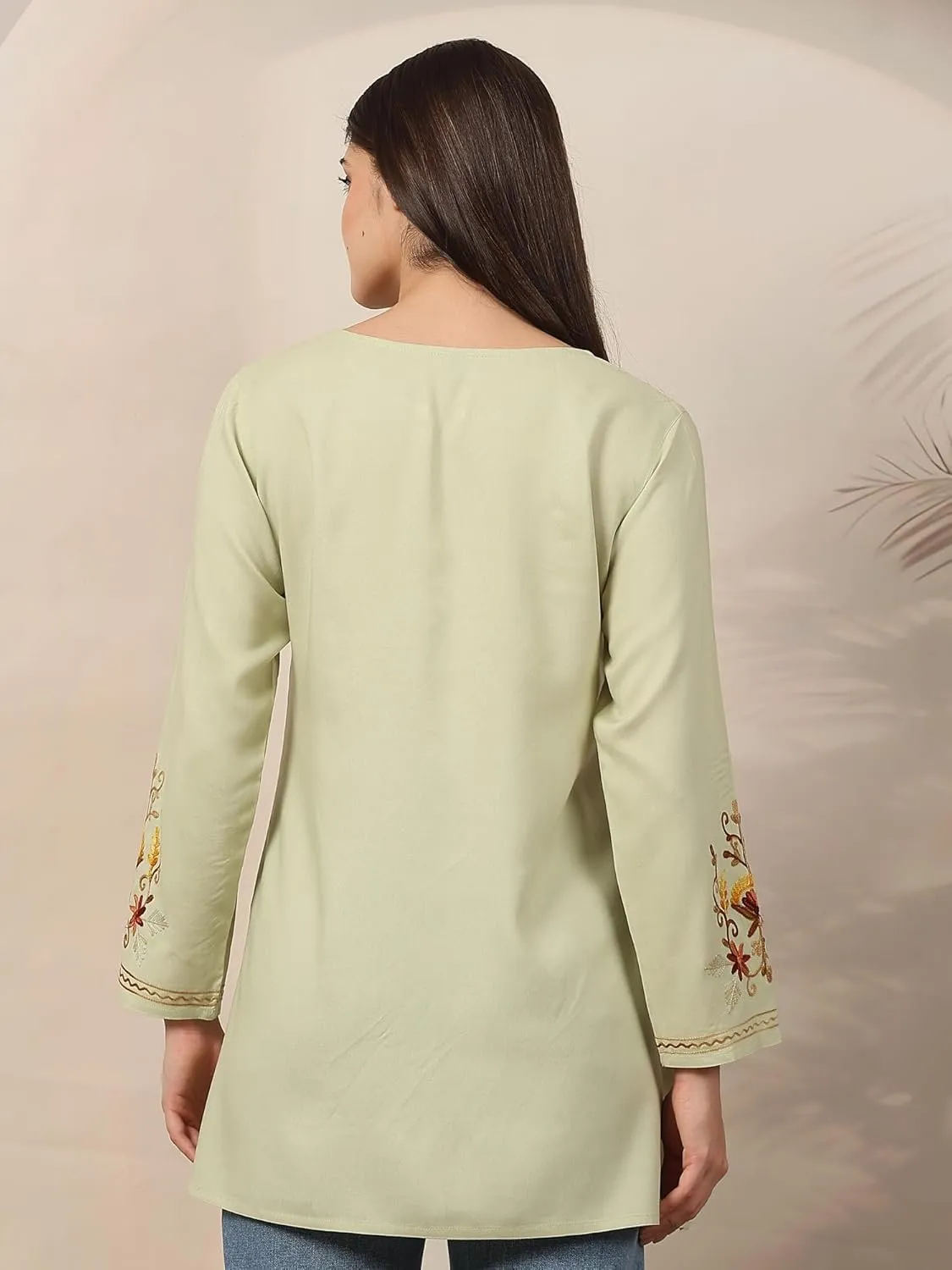 Women's Kashmiri A-Line Rayon Cotton Kurti with Aari Work – Full Sleeves, Pastel Green