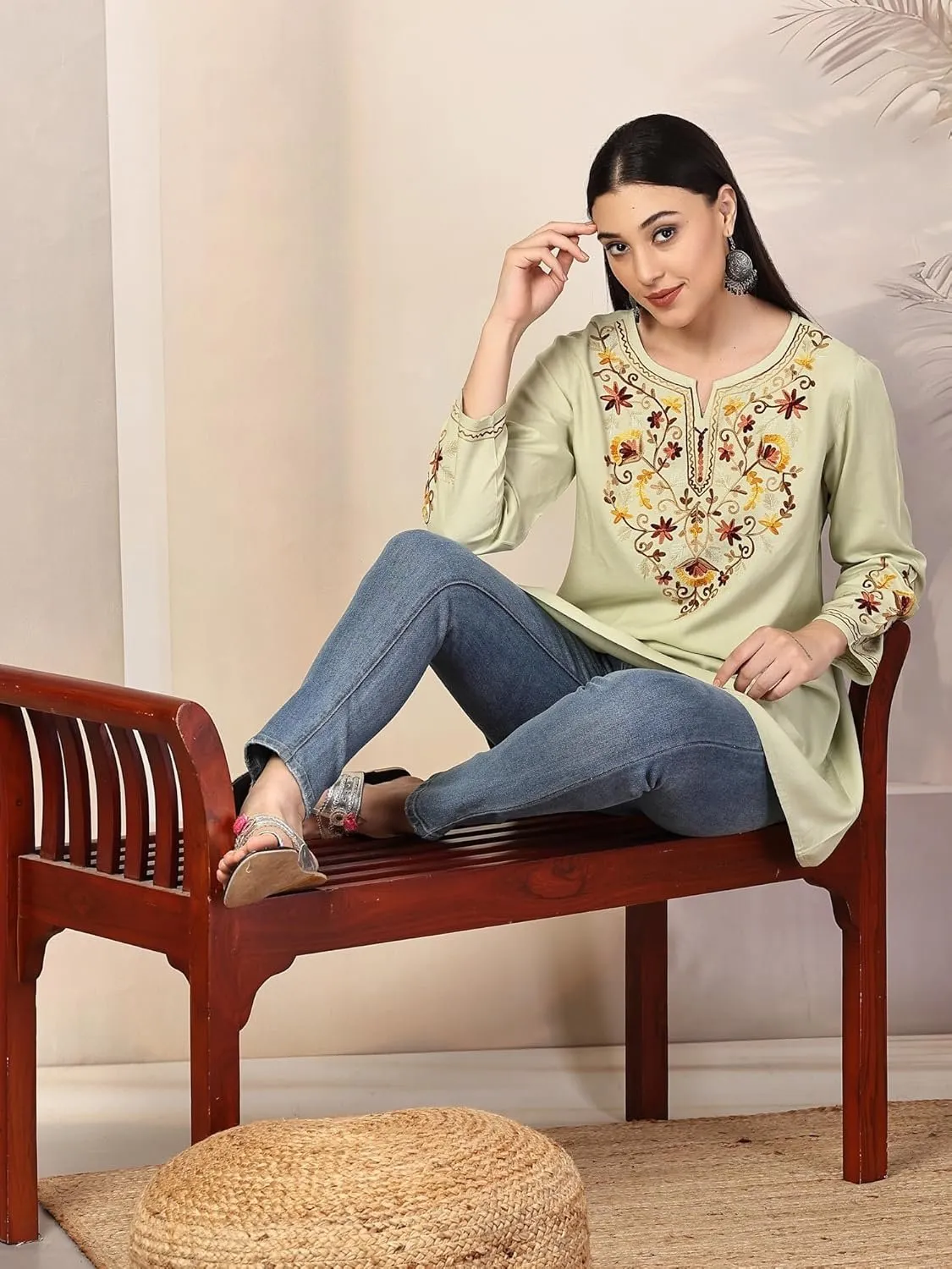 Women's Kashmiri A-Line Rayon Cotton Kurti with Aari Work – Full Sleeves, Pastel Green