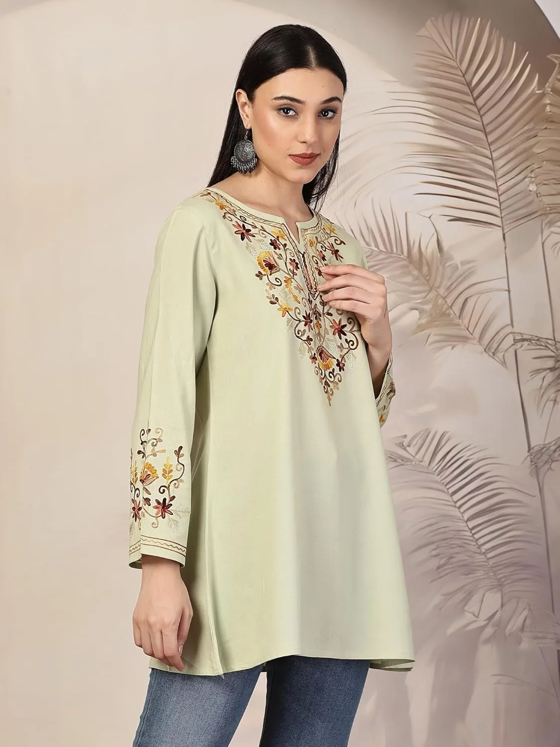 Women's Kashmiri A-Line Rayon Cotton Kurti with Aari Work – Full Sleeves, Pastel Green