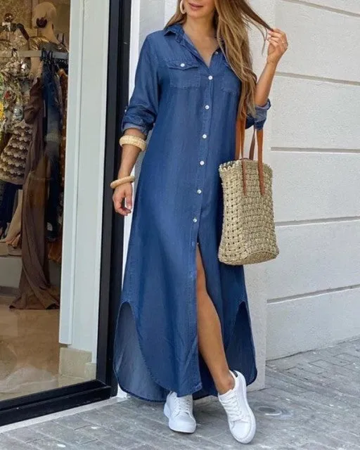 Yeknu Fashionable Shirt-style Button Dress Ladies Casual Long Street Dress Large Size Loose Home Commuter Print Dress Women