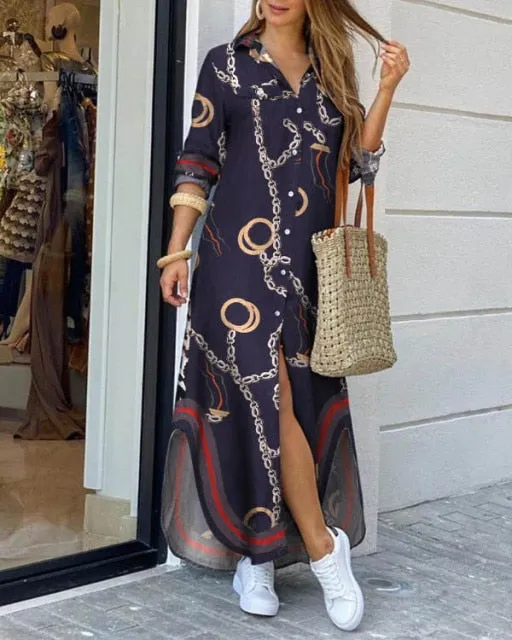 Yeknu Fashionable Shirt-style Button Dress Ladies Casual Long Street Dress Large Size Loose Home Commuter Print Dress Women